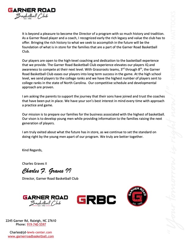 A letter from the Garner Road Basketball Club Director, Charles Graves.