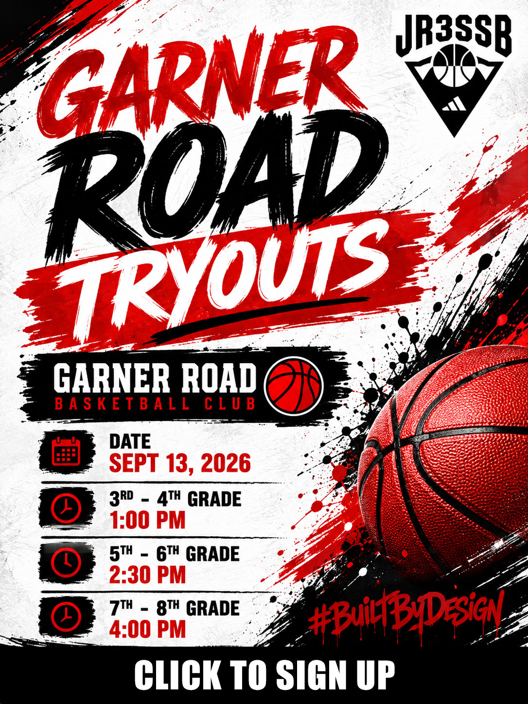 Graphic advertising the 2026 Garner Road High School tryouts on September 13, 2026.